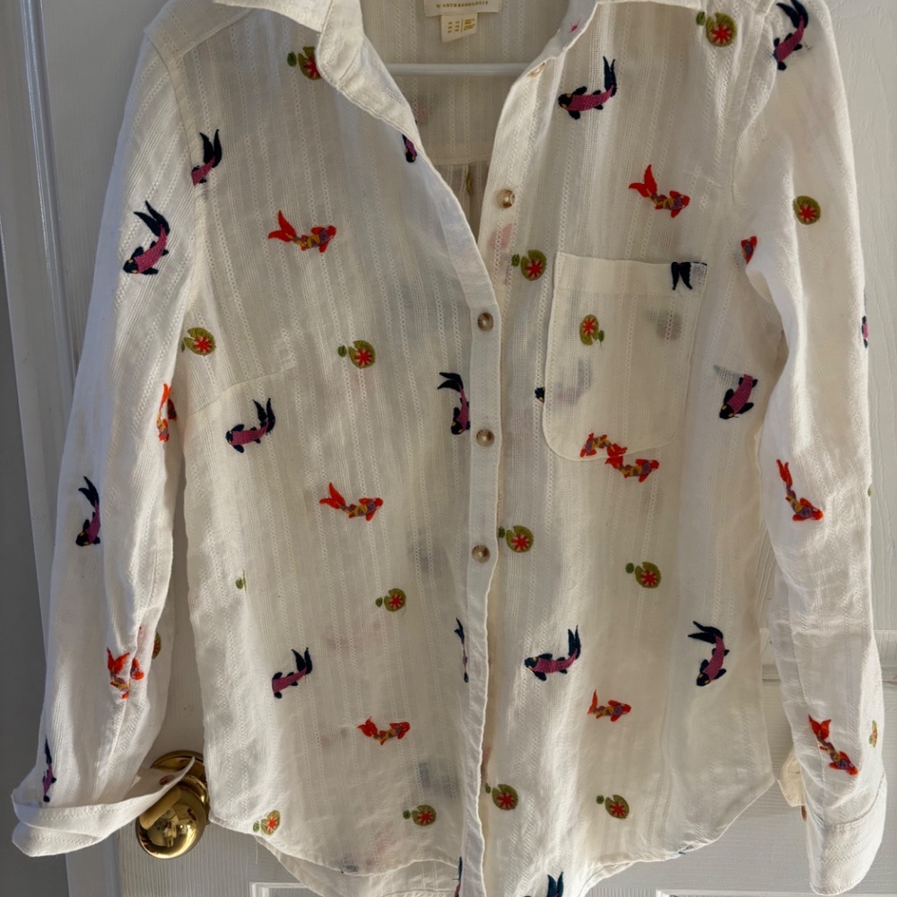 Anthropologie Maeve Embroidered Koi Fish Blouse 10 - Picture 3 of 3